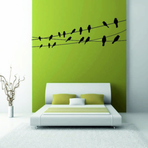 Samolepka na zeď - Ptáci na drátě (Rozměr: 60x22 cm)