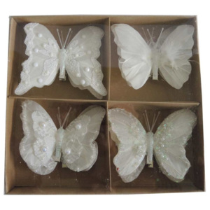 Vánoční ozdoba motýl na klip Stardeco 8 ks bílý 10,5x10 cm