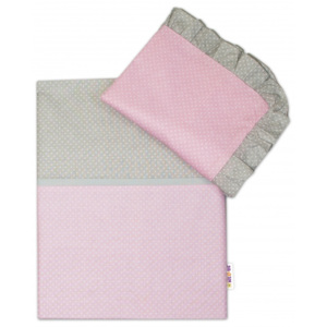 2-dílné bavlněné povlečení s volánky - růžové/ bílé tečky, šedý lem, 135x100 cm