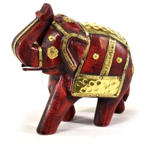 Slon, dřevěný, zdobený zlatým kovem, červený, 12x12cm