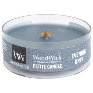 WoodWick - vonná svíčka Petite, Večerní onyx 31g (Evening Onyx. Jedinečná kompozice jasmínového lístku, černé orchideje a santálového dřeva. Vzbuzuje 