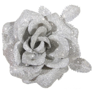 Vánoční ozdoba růže Shishi na klipu stříbrná 8cm