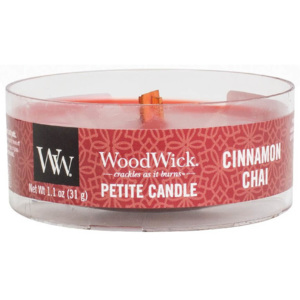 WoodWick - vonná svíčka Petite, Skořice a vanilka 31g (Cinnamon Chai. Opřete se pohodlně do křesla a odpočívejte s hřejivou a uklidňující vůní skořice