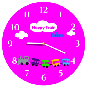 Nástěnné hodiny pro děti šedé, vlak hravé barvy. Rozměr 30 x30 cm