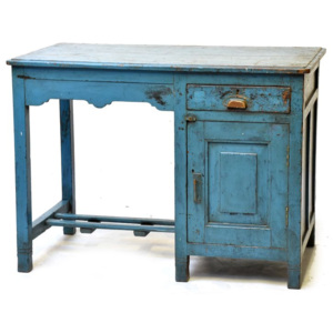Starý psací stůl z teakového dřeva, tyrkysová patina, 107x60x79cm