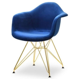 Židle MIRKAS modrý velur s područkami- žlutá kovová podnož