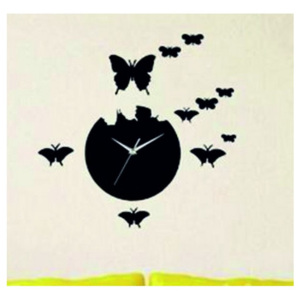 Nástěnné hodiny zrcadlové černé nalepovací motýl