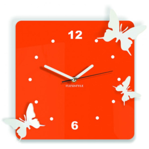 Moderní nástěnné hodiny z plastu-Motýli, Barva: oranžová, bílá, Rozměr: 30x30 cm