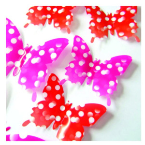 Stylové 3D motýli na stěnu - červené a růžové tečkované - 1 balení obsahuje 12 ks
