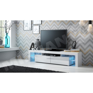 TV stolek Molo, Osvětlení: osvětlení LED - modré, Barva: bílá / bílá lesk