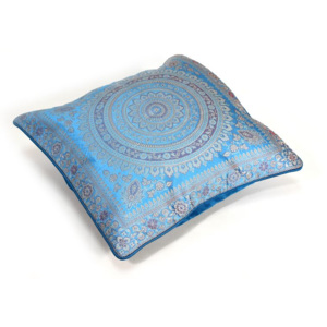 Modrý saténový povlak na polštář s výšivkou mandala, zip, 40x40cm