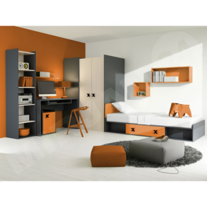 Nábytek Ingrid I, 030-barva grafit / dub cremona + oranžová, Ohrádka k posteli ne MIRJAN 5902928158250