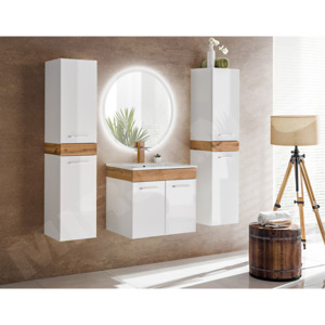 Koupelnový nábytek Neria, 021-barva bílá / bilý lesk + dub wotan, sifon ano MIRJAN