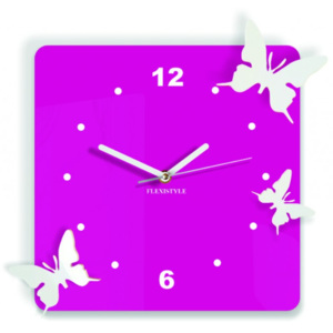 Moderní nástěnné hodiny z plastu-Motýli, Barva: růžová, bílá, Rozměr: 30x30 cm
