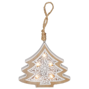 Solight LED vánoční stromek, dřevěný dekor, 6LED, teplá bílá, 2x AAA