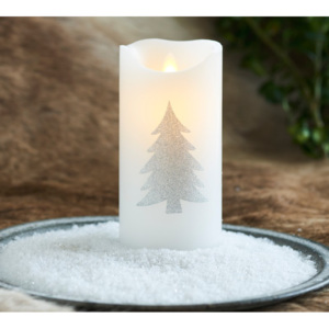 Led bílá svíčka Sara se stříbrným motivem stromku