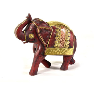 Slon, dřevěný, zdobený zlatým kovem, červený, 25x25cm
