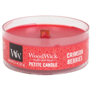 WoodWick - vonná svíčka Petite, Červená jeřabina 31g (Crimson Berries. Šťavnaté bobule jeřabiny smíchané s nádechem teplého koření a vůní jmelí.)