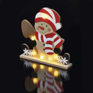 LED vánoční sněhulák dřevěný, 25cm, 2× AA, teplá bílá, čas
