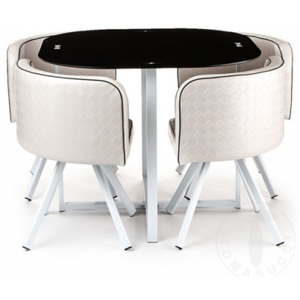 Set - čtvercový jídelní stůl 95x95cm + 4 židle NEW TOMASUCCI (barva - bílá, černá, kovová struktura, sklo)