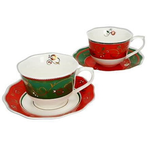 Sada 2 šálků s podšálky na kávu, čaj VÁNOCE Tempo di Desta BRANDANI (barva - porcelán, bílá/červená/zelená)