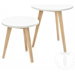 Sada dvou kulatých stolků VINST TOMASUCCI (barva - nohy - dřevěné - dub, deska bílá MDF)