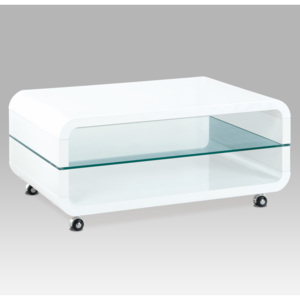 Artium Konferenční stolek 90x60x40, MDF bílý vysoký lesk, čiré sklo, 4 kolečka - AHG-611 WT