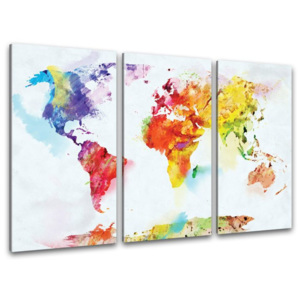 Umělecká reprodukce – 3-dílné plátno - mapa světa akvarel
