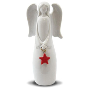 Šedý keramický anděl s červenou hvězdičkou