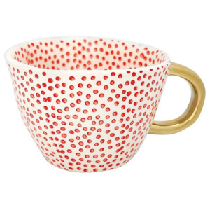Green Gate - šálek Red Dot with Gold 350 ml (Úžasný porcelánový hrneček ruční výroby na kávu nebo čaj v červeno-bílém vzoru s puntíky a se zlatým ouškem.)