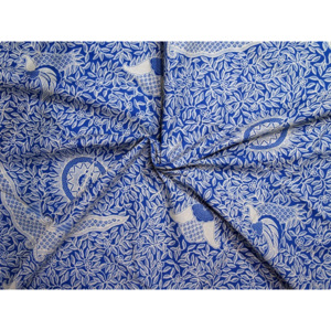 Indonésie Látka RINDA z Bali, modrá, potisk květy - listy II.jakost