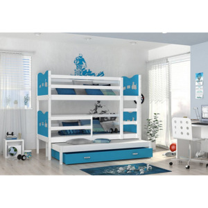 Dětská patrová postel FOX 3 color + matrace + rošt ZDARMA, 184x80, bílá/vláček/modrá - VÝPRODEJ Č. 315