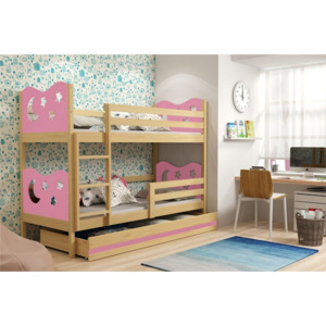 Patrová postel KAMIL + matrace + rošt ZDARMA, 90x200, borovice, růžová - VÝPRODEJ Č. 310