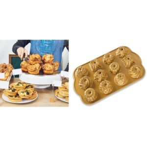 Forma mini bábovičky plát s 12 formičkami Nordic Ware + ONO 33,5cm tác na dorty, bábovky, cukroví Rosenthal (Barva- zlatá, litý hliník)