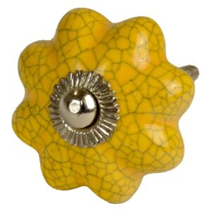 Sanu Babu Malovaná porcelánová úchytka na šuplík, žlutá, tvar květu, popraskaný efekt, 4cm