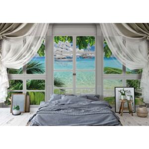 Fototapeta - 3D Door View Tropical Island Beach Vliesová tapeta - 416x254 cm