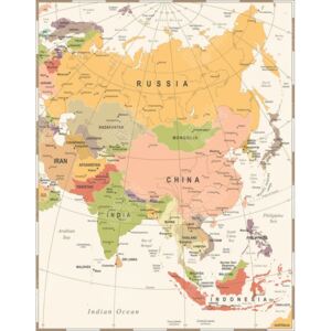Magnetická mapa Asie, vintage, béžová (samolepící feretická fólie) 66 x 85 cm
