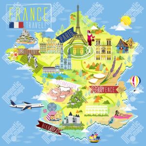 Magnetická mapa Francie, kreslená, barevná (samolepící feretická fólie) 66 x 66 cm