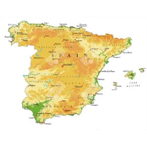 Magnetická mapa Španělska, geografická, barevná (samolepící feretická fólie) 87 x 66 cm