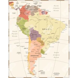Magnetická mapa Jižní Ameriky, vintage, barevná (samolepící feretická fólie) 66 x 85 cm