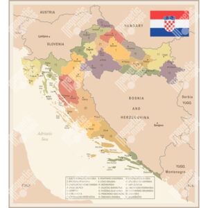 Magnetická mapa Chorvatska, vintage, barevná (samolepící feretická fólie) 66 x 72 cm