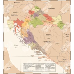 Magnetická mapa Chorvatska, vintage, barevná (samolepící feretická fólie) 66 x 73 cm