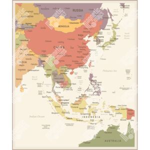 Magnetická mapa Východní Asie, ilustrovaná, vintage (samolepící feretická fólie) 66 x 79 cm