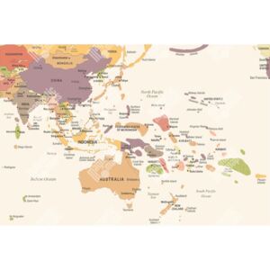 Magnetická mapa Východní Asie a Oceánie, ilustrovaná, vintage (samolepící feretická fólie) 99 x 66 cm