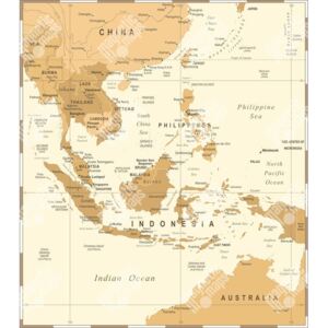 Magnetická mapa Jihovýchodní Asie, vintage, hnědá (samolepící feretická fólie) 66 x 75 cm