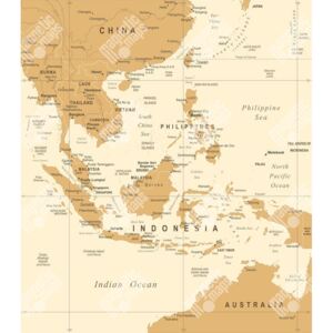 Magnetická mapa Jihovýchodní Asie, vintage, hnědá (samolepící feretická fólie) 66 x 76 cm