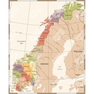 Magnetická mapa Norska, ilustrovaná - rámeček, vintage (samolepící feretická fólie) 66 x 81 cm