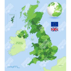 Magnetická mapa Velké Británie, administrativní, zelená (samolepící feretická fólie) 66 x 77 cm