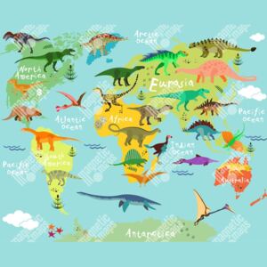 Magnetická mapa Světa, ilustrovaná, dinosauři (samolepící feretická fólie) 85 x 66 cm