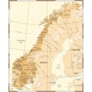 Magnetická mapa Norska, vintage, hnědá (samolepící feretická fólie) 66 x 81 cm